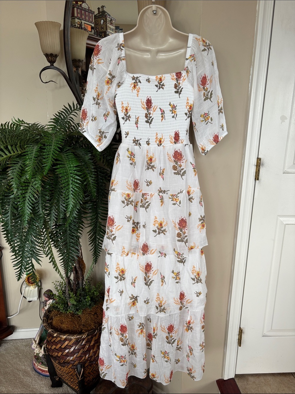 J. Gee White Boho Floral Tiered Maxi Dress Smocked Bodice Ruffle Puff Sleeves - Picture 9 of 15